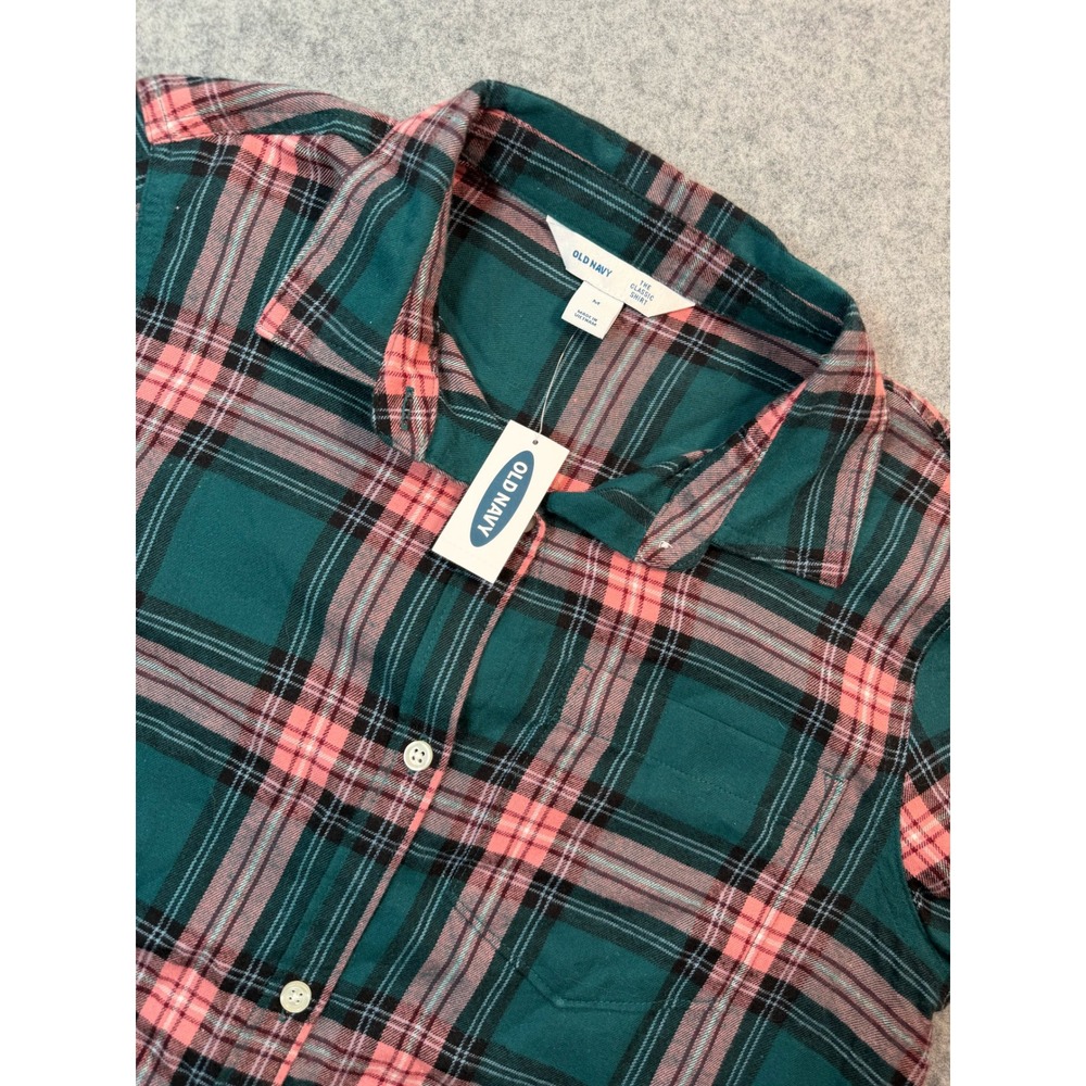 Old Navy Classic‎ Shirt Womens Medium Teal Green Pink Plaid Button Down Flannel